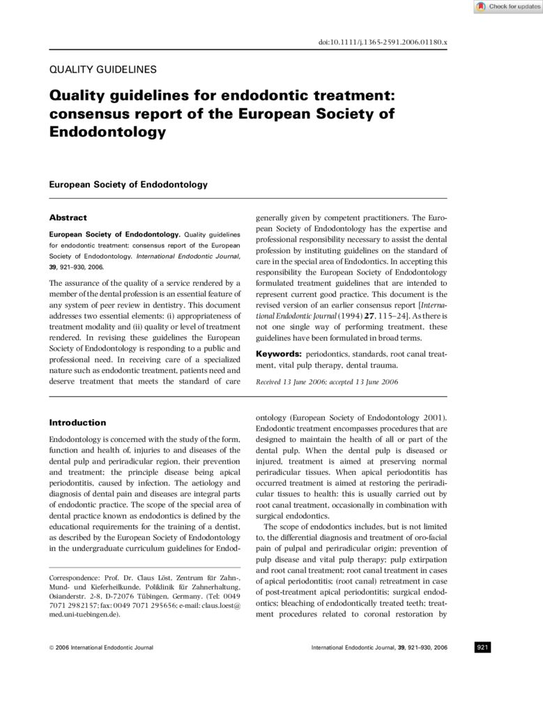 thumbnail of ESE 2006 Critères de qualité du traitement endodontique